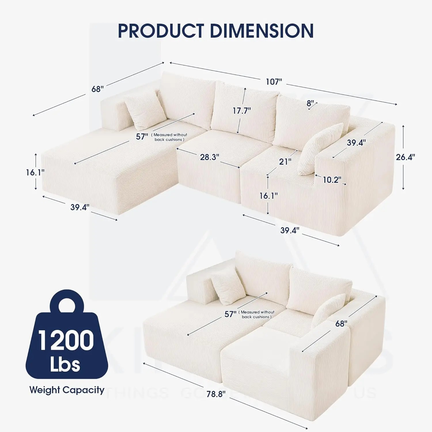 107'' Modular Sectional Sofa, L Shaped Cloud Couch for Living Room, Modern Boneless Sofa with Chaise for Bedroom, Beige