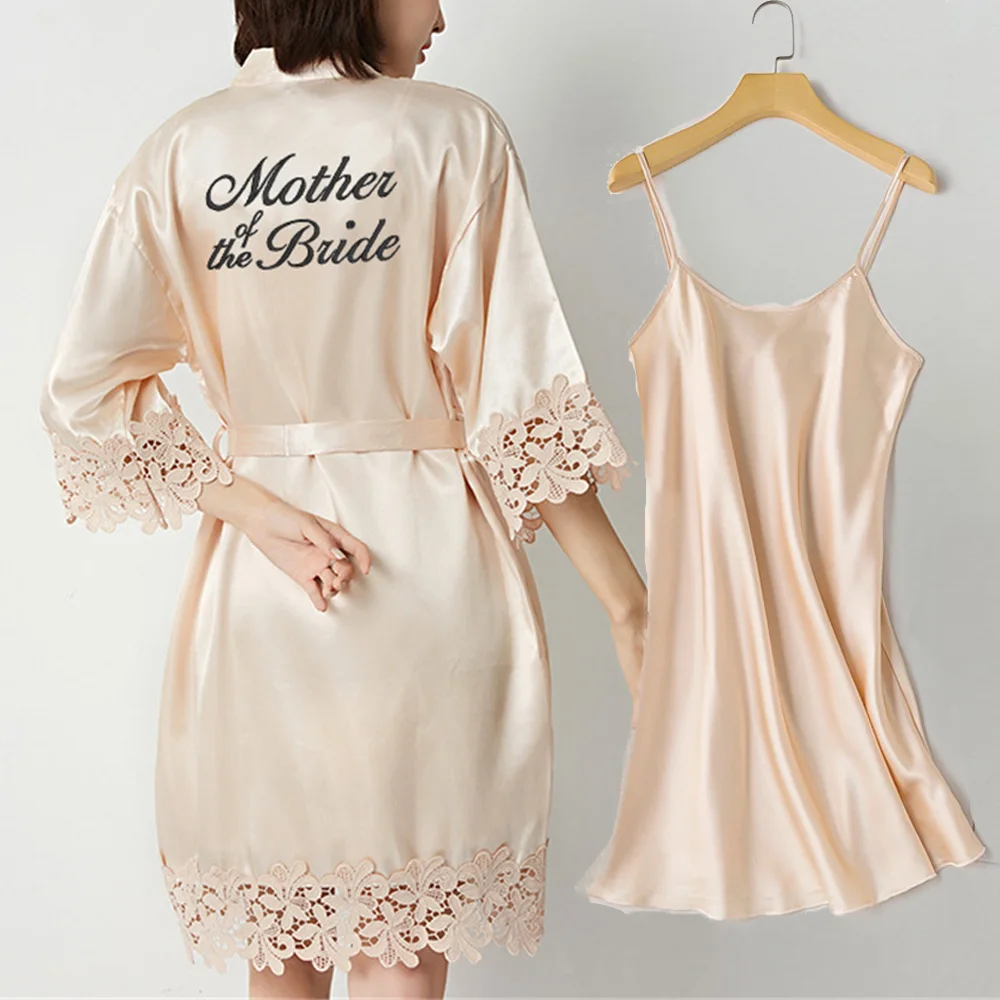 Women Sleepwear Bride Robes Sexy Lace Bride Bridesmaid Kimono Dresses Robes Women Home Gown Intimate Lingerie Wedding Robe Set Night Sleepwear Bathrobe 2PCS