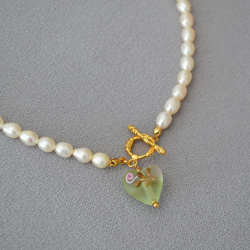 Freshwater Pearl Choker Arabesque Branch Hand-painted Flower Elegant Glass Love Heart Vintage OT Necklace
