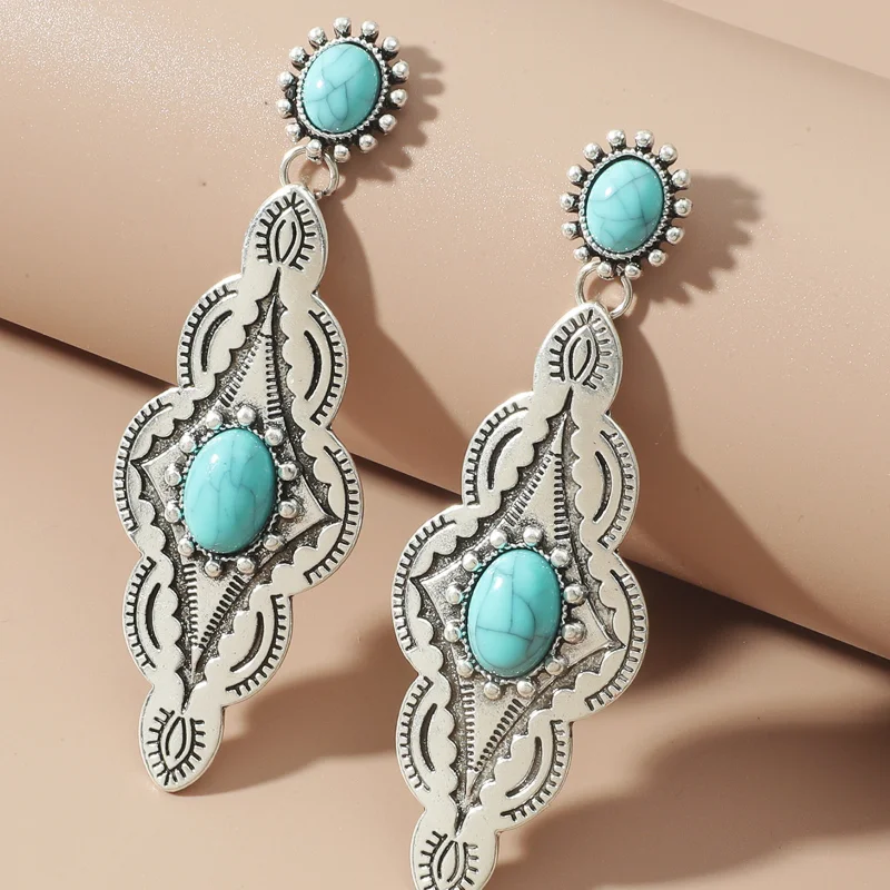 

Bohemian Retro Turquoise Long Pendant Earrings for Women Fashionable Charm Party Gift Temperament Jewelry Silver Plated Earrings