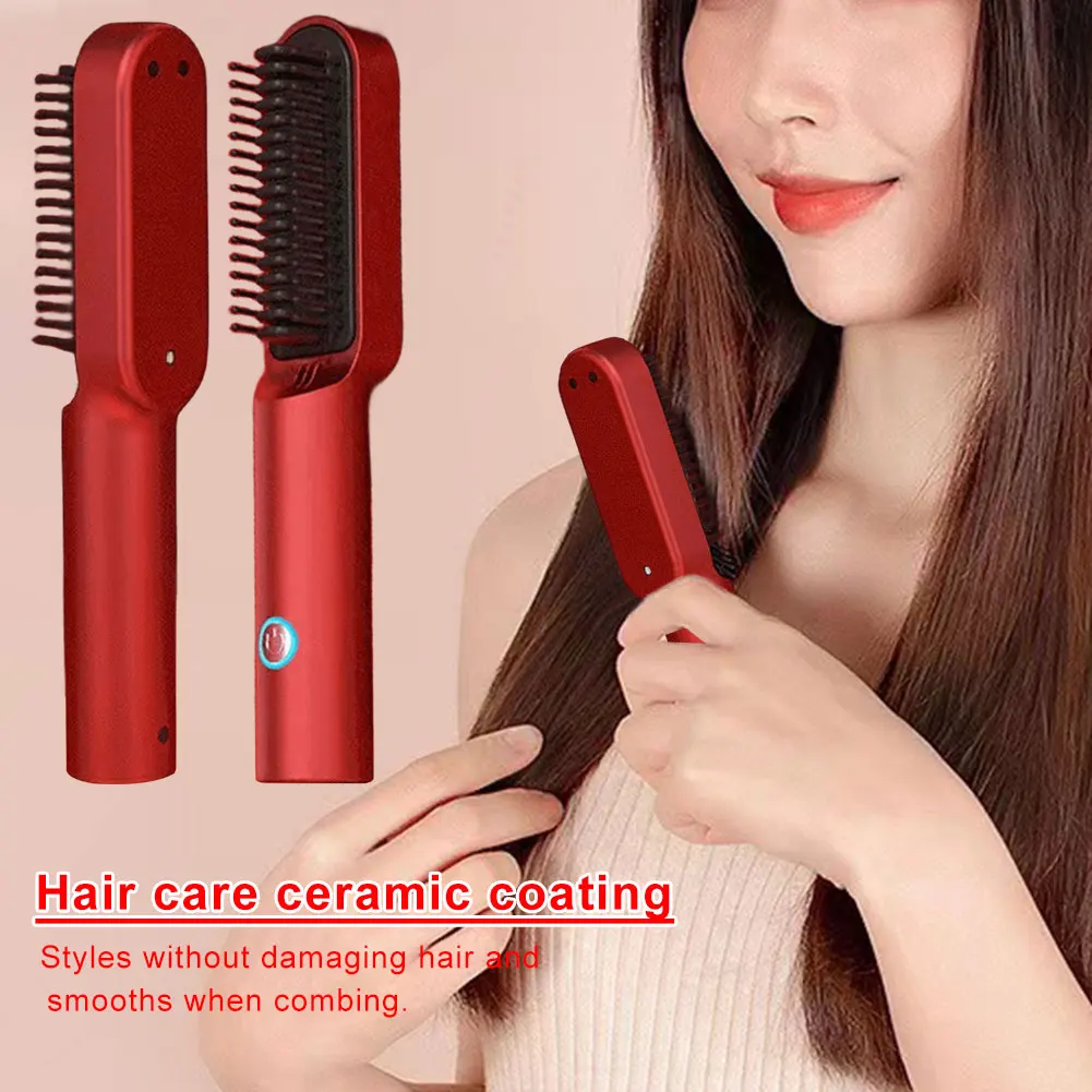 2 in 1 Hair Straightener Brush Anti-frizz Rechargeable Hair Curler Auto-shutoff Fast Heating Hot Comb Styling Tool