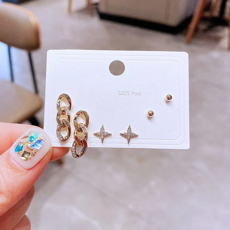 

12sets/lot Fashion Zircon Micro-set Metal Chain Star Earrings Sets for Women
