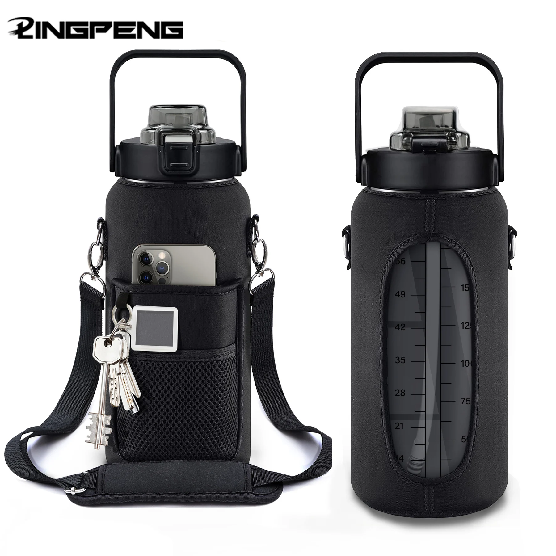 Motivational 64oz Half Gallon Water Bottle with Sleeve and Straw