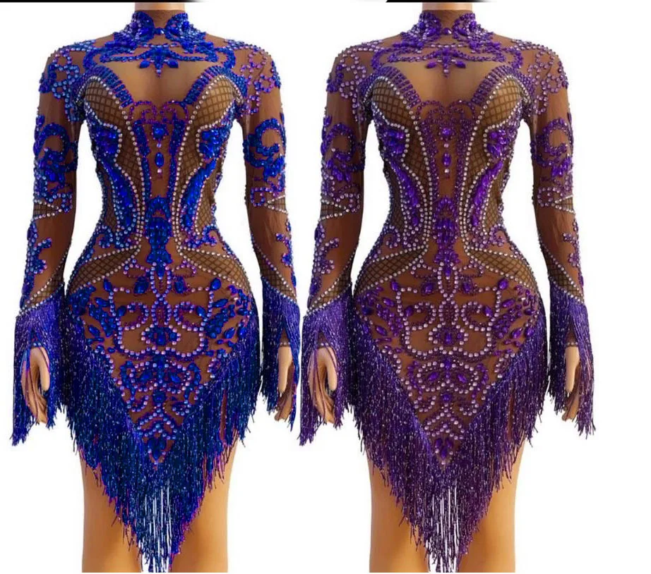 2022 New Fashion Luxury Clothing Glitter Full Beading See Through Mesh Sexy Party Club Tassel Dress Elegant Dresses For Women african suit