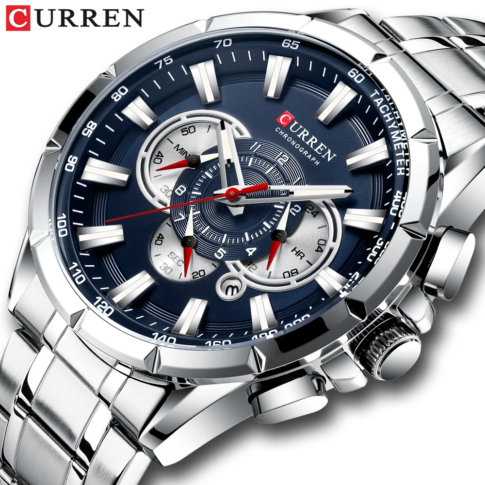Curren-casual Masculino Esporte Relógios Cronógrafo Banda Relógio de Pulso Grande Dial Relógio Quartz com Ponteiros Luminosos Novo Aço Inoxidável