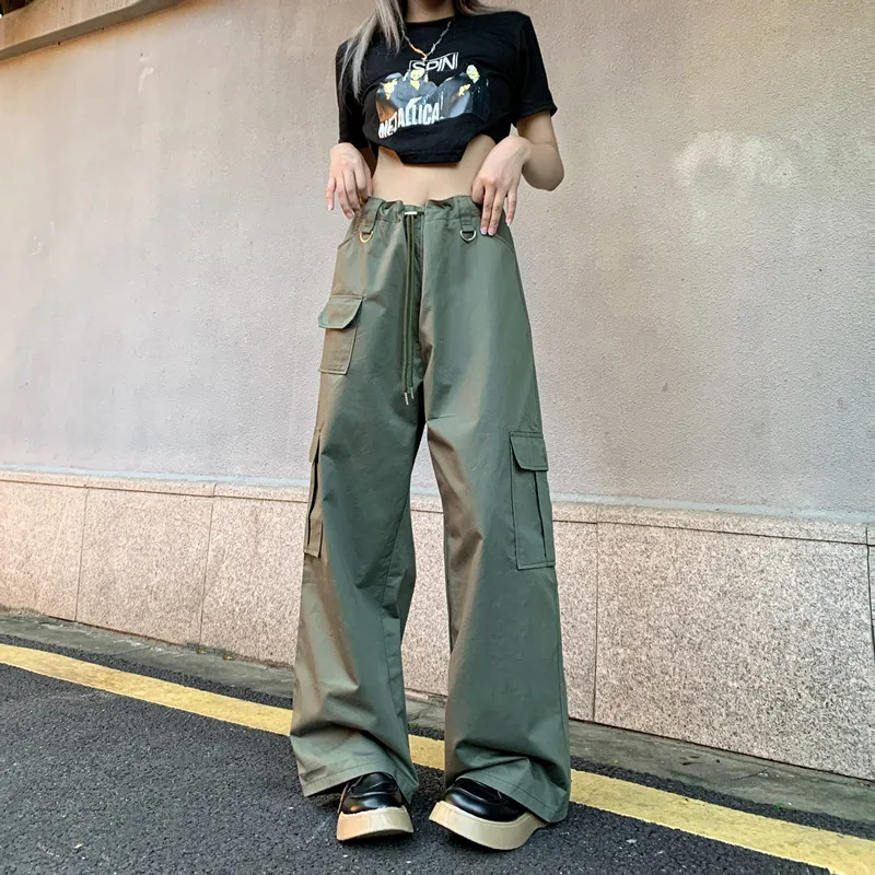 American Retro Cargo Pants Women New High Waist Drawstring Straight Wide-leg Pant Casual Baggy Trousers Female