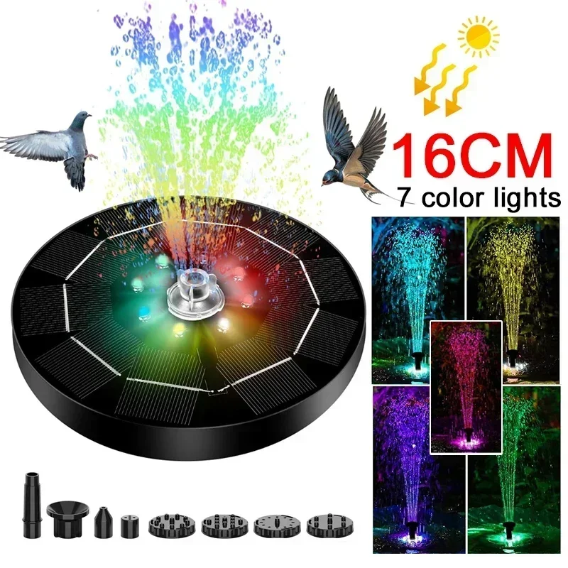 Solar Fountain 7 Colors LED Light Rotating 3W 6 Nozzle Water Pump Outdoor