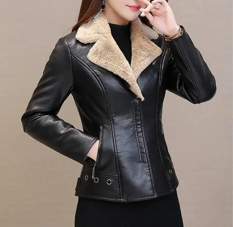 

Sigutan 2023 Autumn New Short Leather Coat Women Thickened Plushed Warm Fur All in One Leather Female Coats