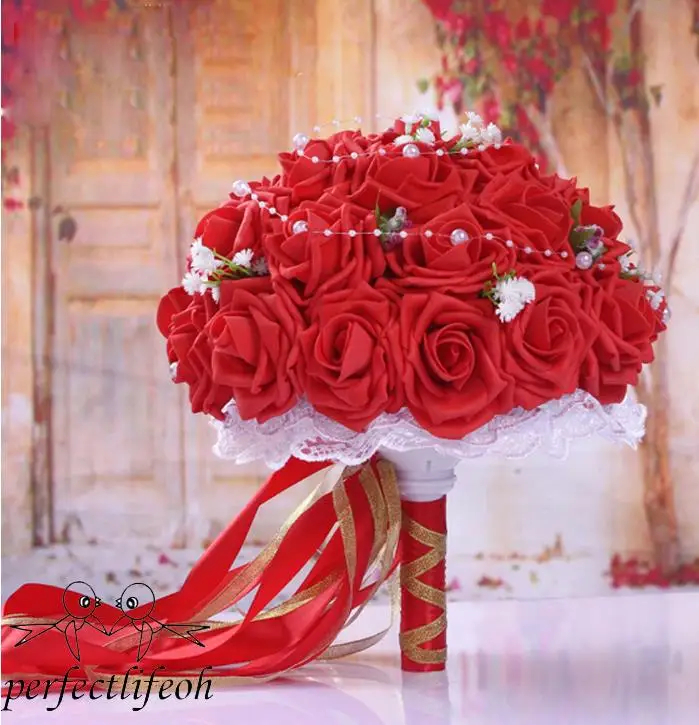 Romantische Valentijnsdag & Bruiloft Boeket, Handgemaakte Kunstbloem, Rose Bruidsboeket voor Bruiloft Decoratie, Lint Bruiloft Houding Bloem Boeket, Bruid Bruidsmeisje Boeket voor Party Favours Ivoor
