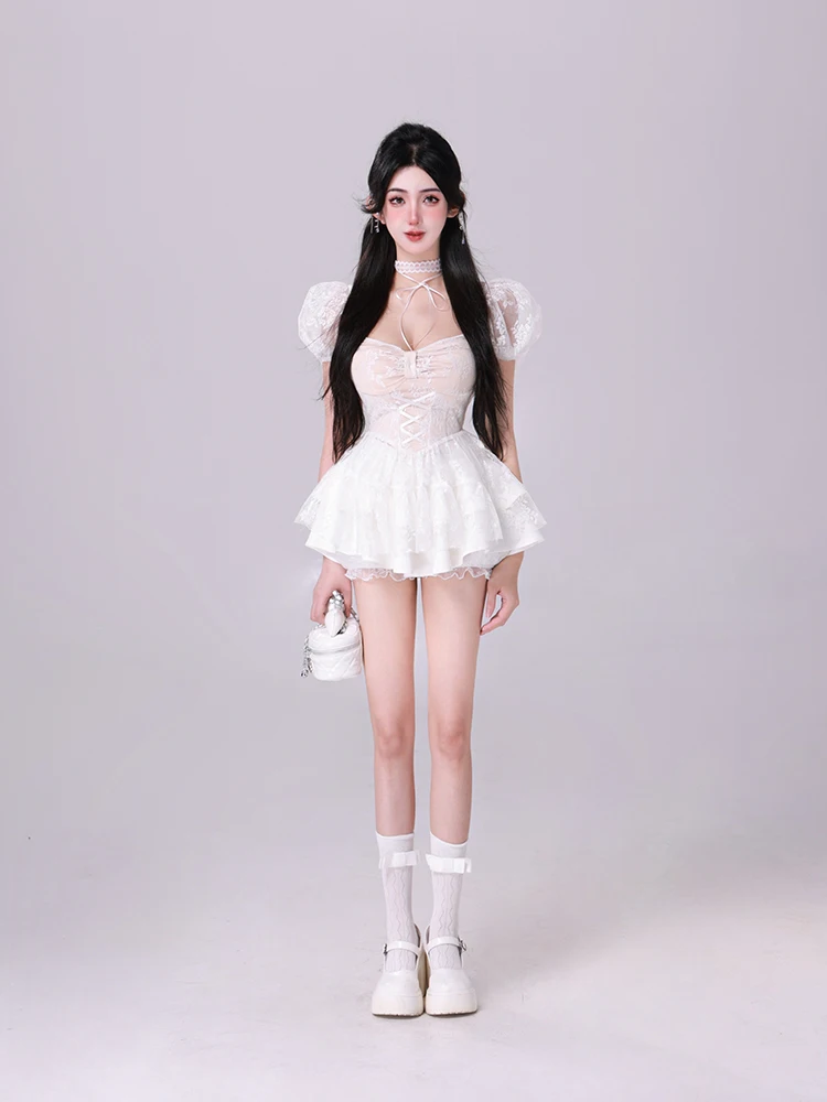 Hot Girl Fashion Skirt Suit Slimming Lace Short-Sleeve Tops Solid Color Skirts Women's 2024 Summer Slim-fit Two-Piece Sets