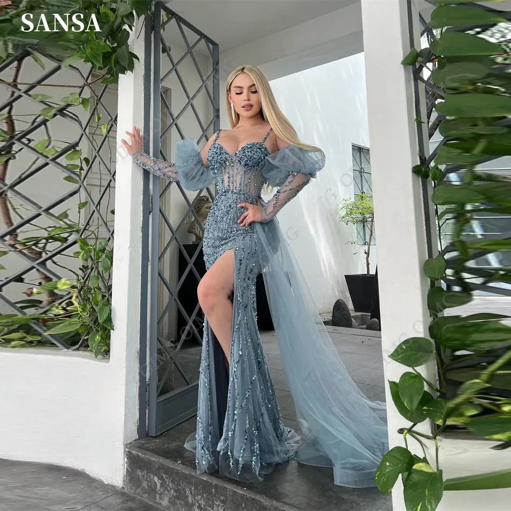 

Sansa Luxury Gray فساتين السهرة Off the Shoulder Beaded Vestidos De Noche Elegant Puffy Sleeves Sexy Side Split Prom Dresses