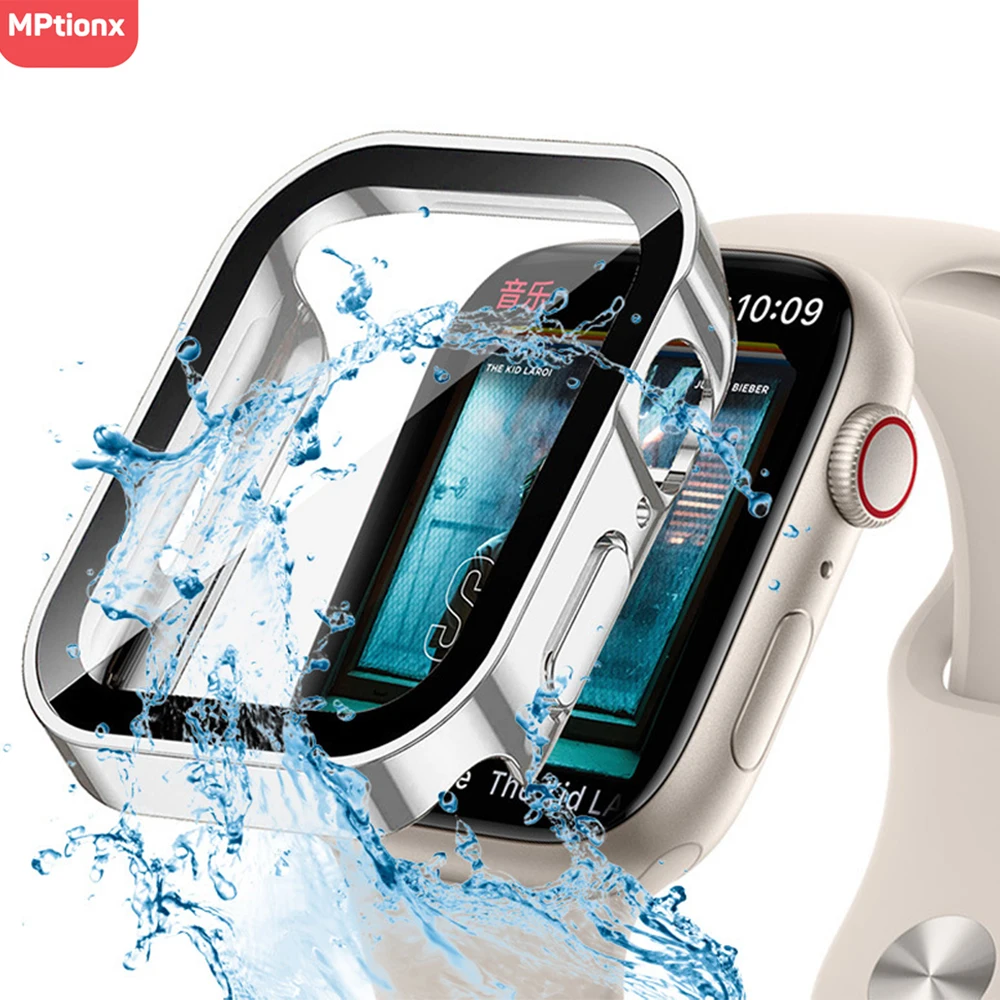 Cristal y funda impermeable para Apple Watch 7, 8, 9, 45mm, 41mm, Protector de pantalla, parachoques duro de PC para iWatch Series 6, 5, 4, SE, 40mm, 44mm