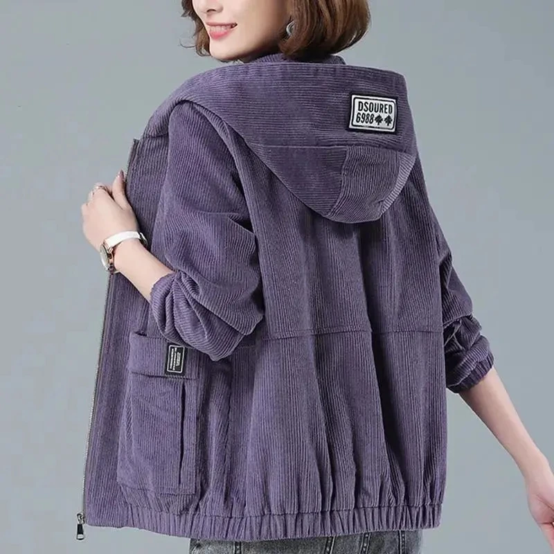 Corduroy Short Coat 4XL Women's 2023 Spring Autumn New Korean Loose Solid Hooded Jacket Fashion Casual Female Zipper Coat Tops