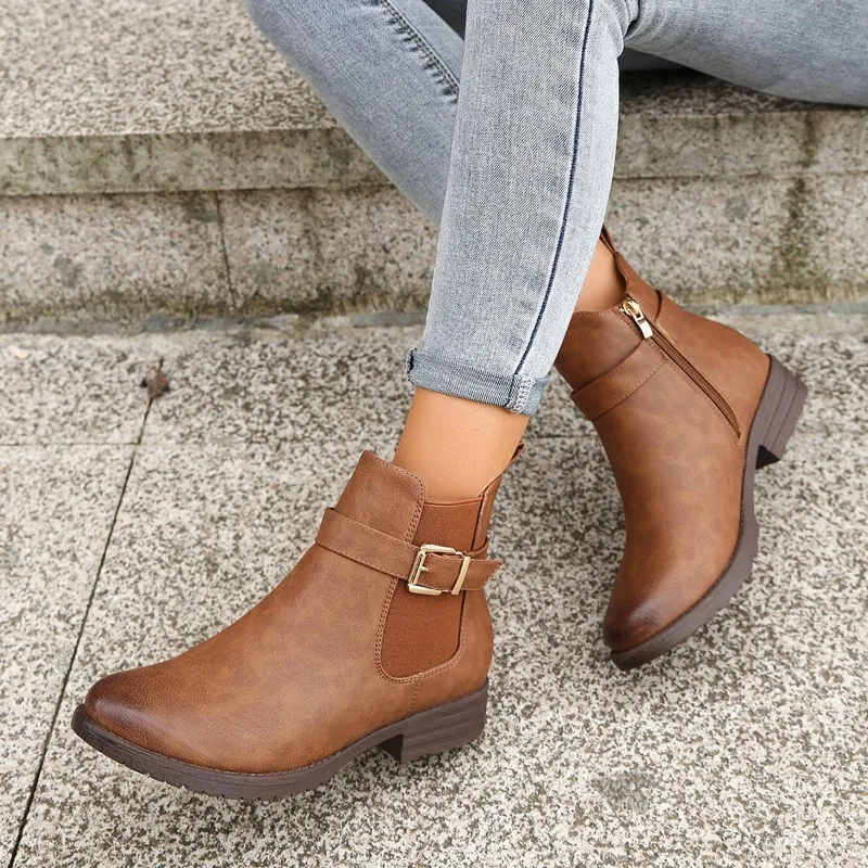 2023 Shoes Female Ankle PU Women's Boots Elegant Modern Boots Women Side Zip Belt Buckle Round Toe Chunky Heel Solid Shoes Women