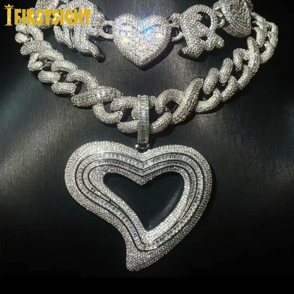 New Iced Out Big Hollow Heart Pendant Necklace Bling