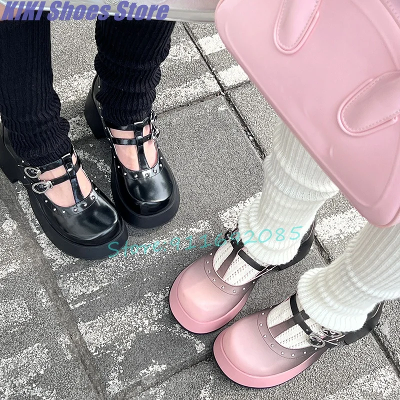 

Sweet cool y2k rivets super beautiful super texture gradient color Mary Jane women's thick sole thick heel leather shoes