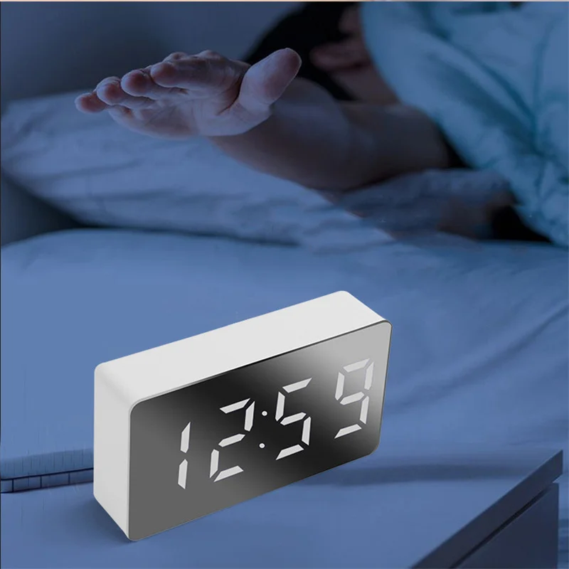 Mirror Digital Alarm Clock LED Display Snooze Wake Silent Calendar Temperature Desktop Dimmable Electronic Desk Clock Home Decor