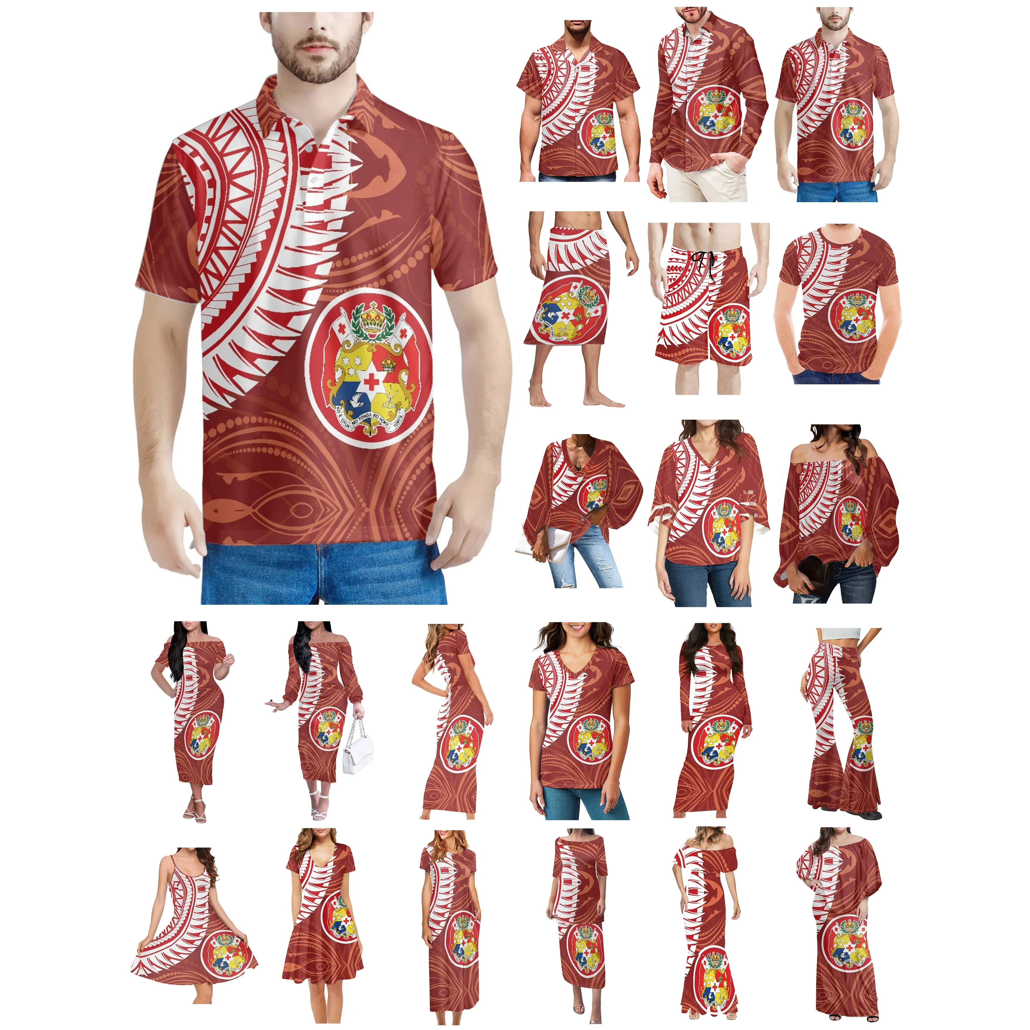 

Polynesian Tonga Tribal Tattoo Prints Clothes Women Dress Matching Men Shirt Comfortable Breathable Red White Lover Clothes Wear