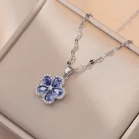 Ensemble de bijoux pour Banquet, Style INS, cristal bleu, fleur en Zircon, argent S925, aiguille, boucle d'oreille, collier, Design de luxe, exquis 3
