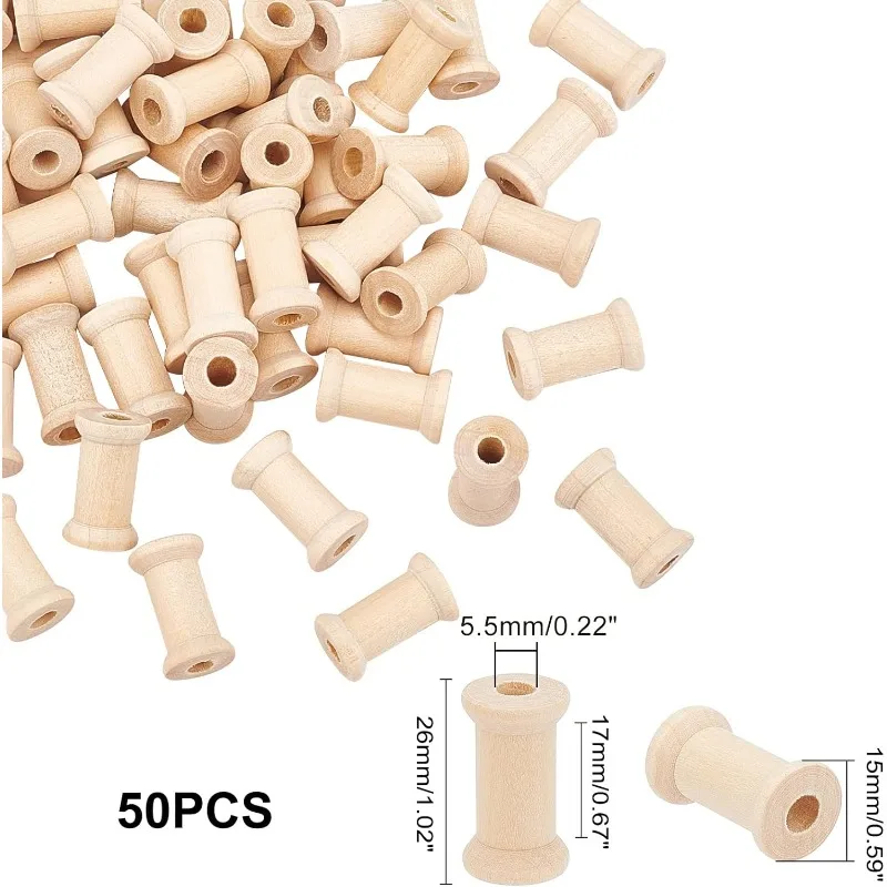50pcs Wooden Spools Wire Weaving Bobbins for Embroidery and Sewing Machines Arts Crafts Thread Cord Roll 0.67 Inch