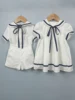 Summer Navy Sister Brother Clothing White Cotton Linen Fabric with Bblack Ribbon Comfortable Breathable Daily Outfit Performance 1