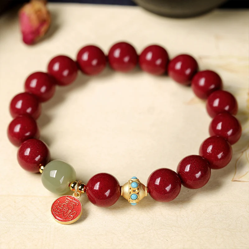 

Bracelet Couple Cinnabar Natural Hetian Jade Hand Carved Ethnic Style Lucky Beads with Pendant Charm Men and Women Same Style1Pc