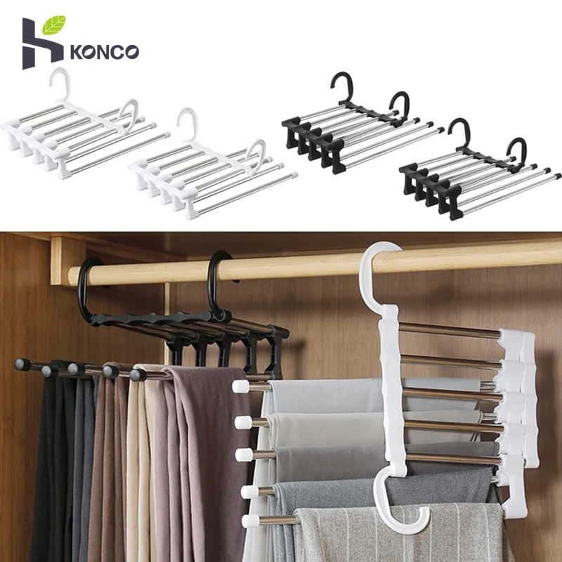 5-Bar Pants Hangers, Pack of 6 Space-Saving Clothes Hangers, Closet Storage  Organizer