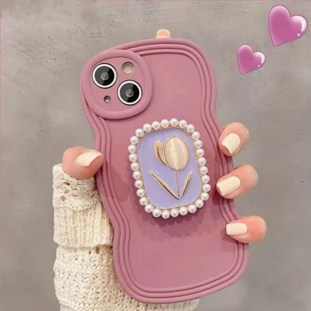 💖Glitter Blue Light 3D Tulips Phone Case With Wrist Strap For