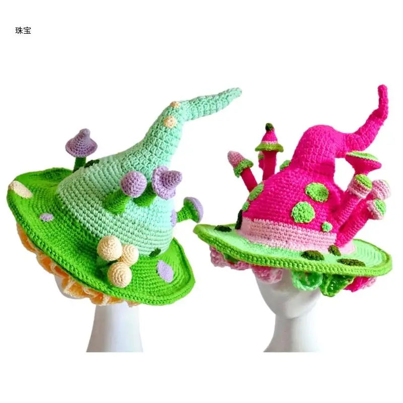 

X5QE Adult Kids Halloween Fairy Hat with Mushroom Decor Knitted Wizard Hat Cosplay