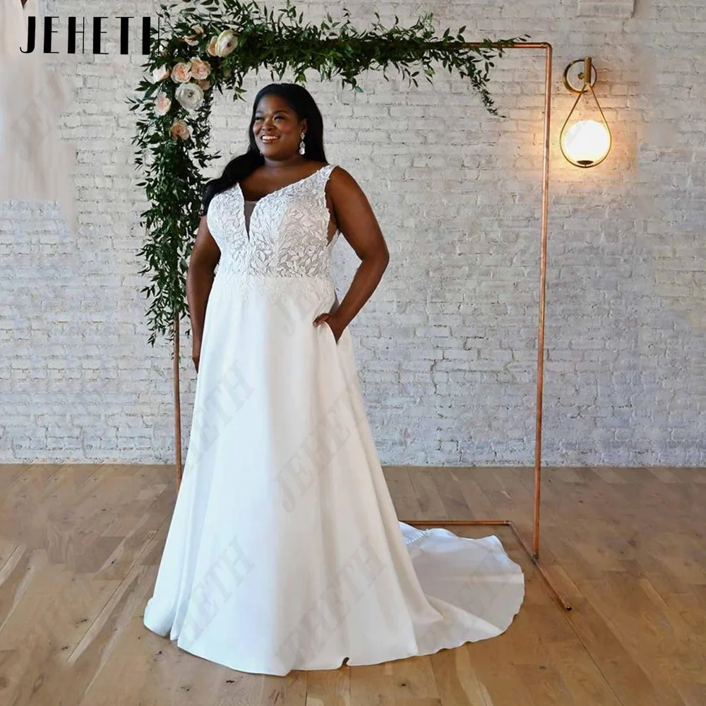 

JEHETH Oversize Wedding Dresses Civil Sleeveless Double V-Neck Backless Bride Gowns Satin A-Line Applique vestidos de novia