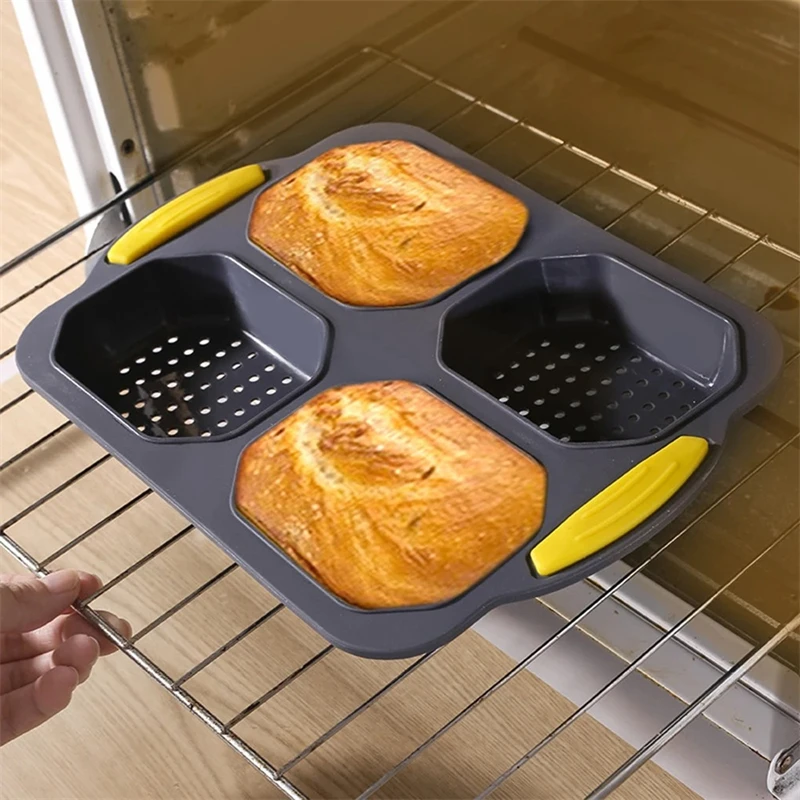 4 Cavity Hamburger Bun Mold Nonstick Silicone Bread Loaf Pan Heat Resistance Silicone Mold Bread Pan Reusable Kitchen Baking Pan
