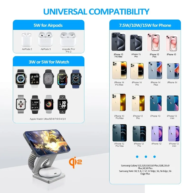 VIKEFON Qi2 3 in 1 15W Magnetic Wireless Charger for Iphone 17-12 Fast Charging Folding for Apple Watch Airpods Wireless Charger