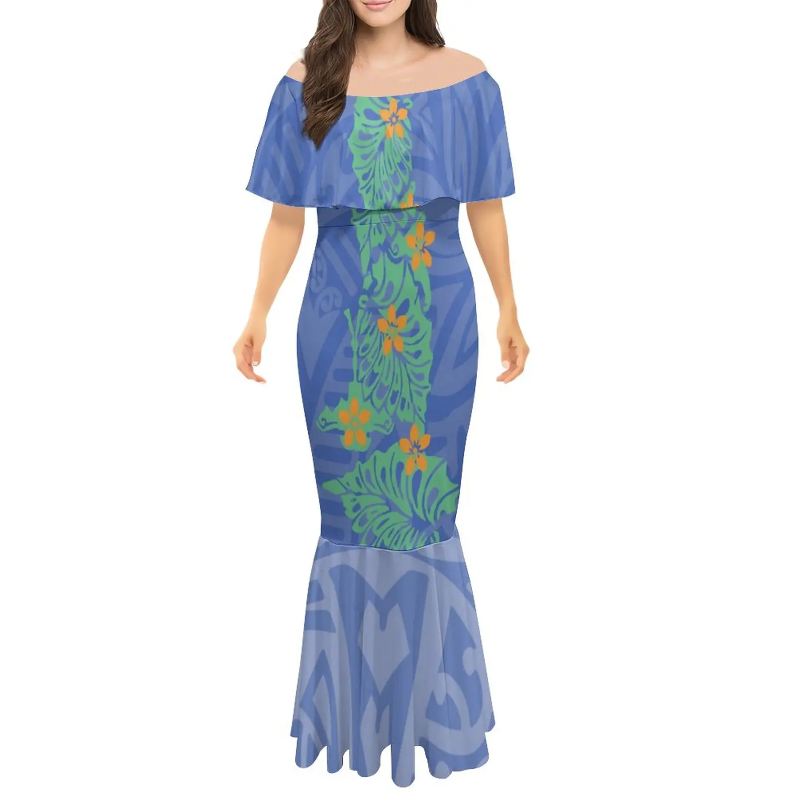 

Factory Direct Sales Hawaii Polynesian Tribal Lady Mermaid Dress Custom Made Half Sleeve Fishtail Dresses Woman Dance Ball Gowns