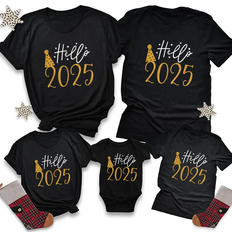 thumbnail image 2 of Divertidas camisetas de algodón para madre, padre, hija e hijo, con look de mameluco para bebé, ropa de Año Nuevo, para la familia, Hello 2025, 2 of 5