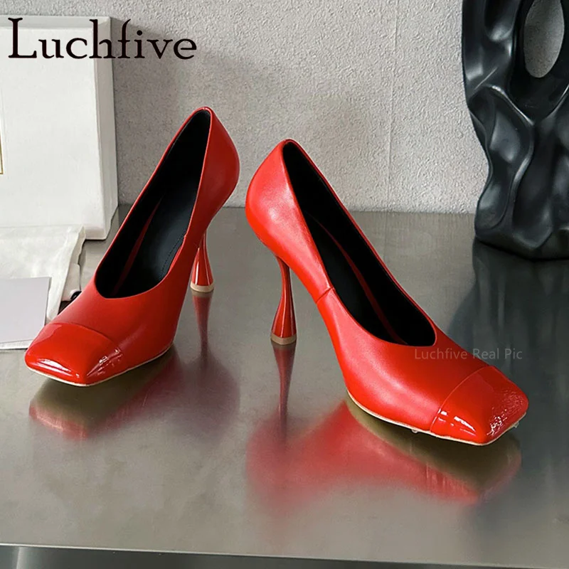 

Brand Designer Genuine Leather Patchwork Slip On Square Toe High Heels Pumps Sexy Runway Ladies Shoes Wedding Shoes Mujer