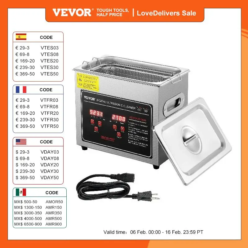 Vevor Pulitore A Ultrasuoni Digitale In Acciaio Inox Capacità 3 Litri Con Riscaldamento Tempo Temperatura Regolabile, Macchina Pulitrice A Ultrasuoni 