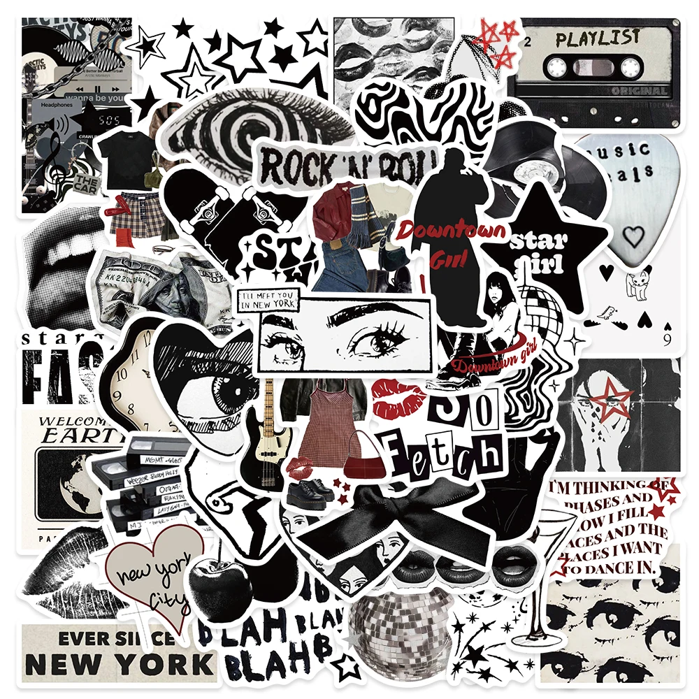 50pcs 90s 00s Retro Black and White Y2K Girls Aesthetic Stickers For Luggage Laptop Guitar Phone Diary Waterproof Vinyl Decals