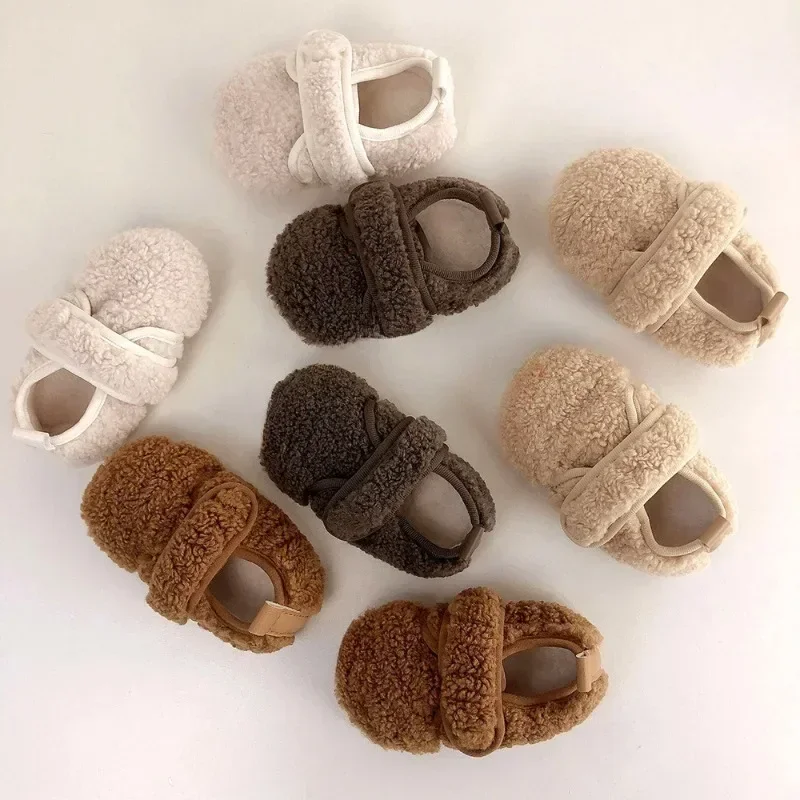 0-2Y Baby Plush Shoes Autumn Winter Solid Color Boys Girls Walking Shoe Versatile Soft Soled Anti Slip Princess Dress Shoes