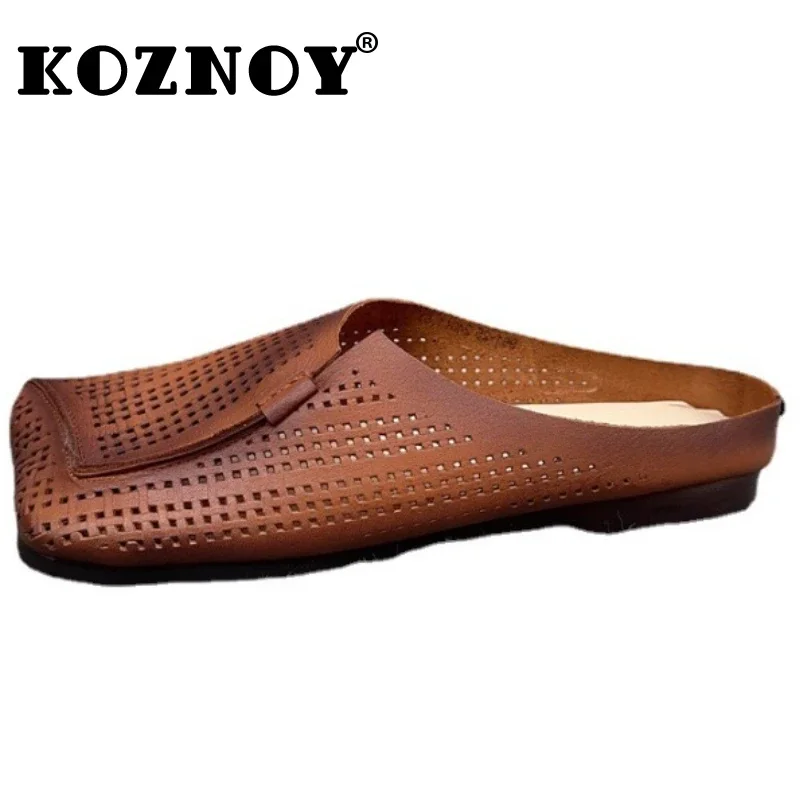 

Koznoy 1.5cm Comfy Square Toe Loafer Slippers Women Platform Wedge Genuine Leather Hollow Fashion Ladies Summer Sandals Shoes