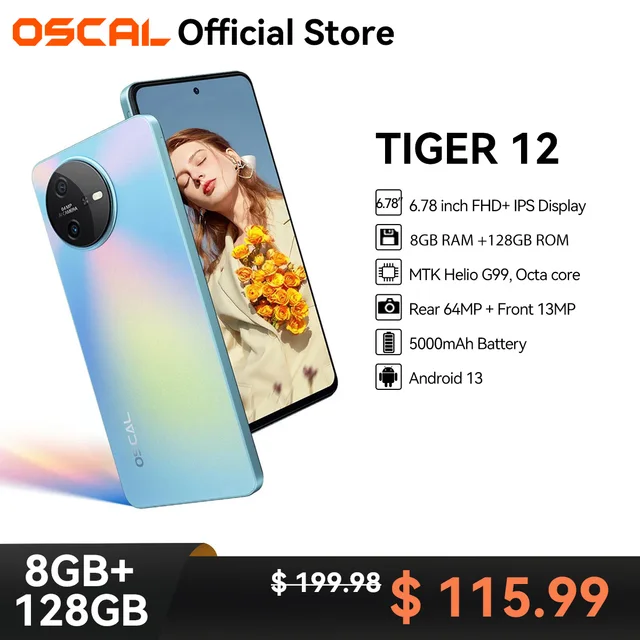 هاتف ذكي OSCAL TIGER 12 Android13 Helio G99 بشاشة 6.78 بوصة 120 هرتز 2.4K هاتف محمول بشاشة 16 جيجابايت (8 + 8 جيجابايت) وذاكرة وصول عشوائي 256 جيجابايت وذاكرة قراءة فقط 64 ميجابكسل 4 جيجابايت 1