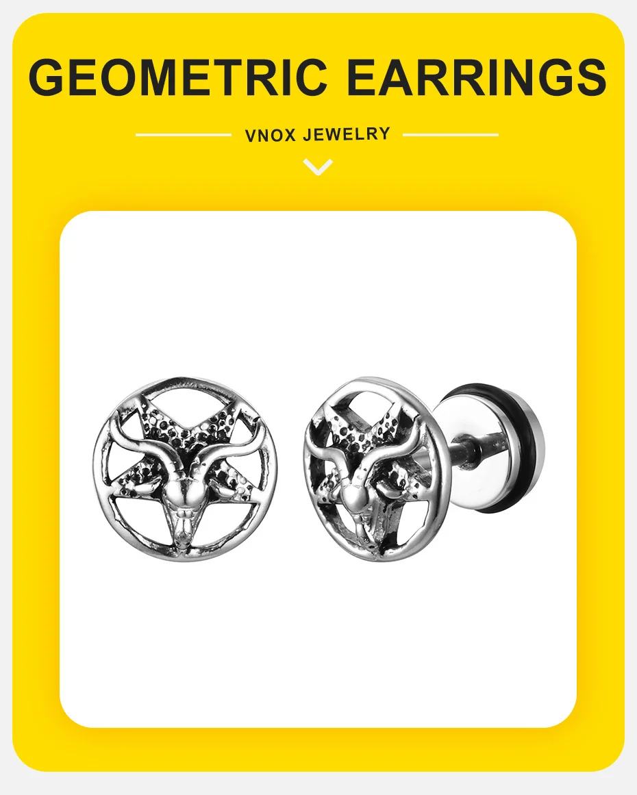 Vnox Gothic Teufel Satanische Ziege Satan Ohrstecker für Männer Jungen, Vintage Edelstahl Stern Dämon Baphomet Ohrringe Schmuck – Detail 2