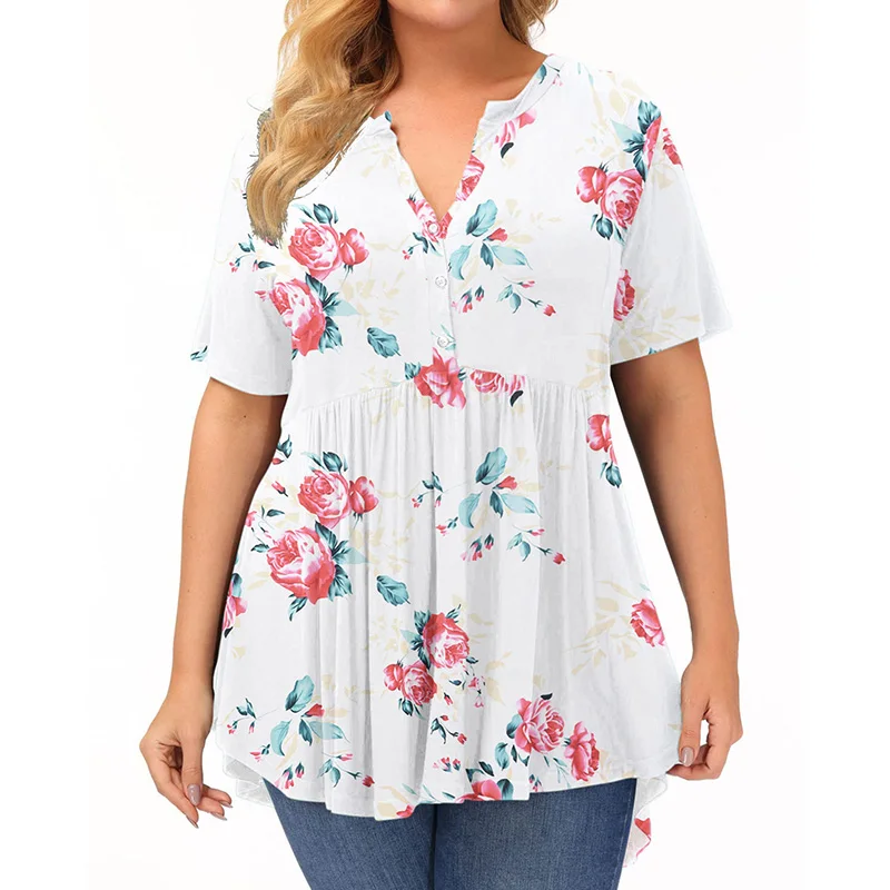 Casual Comfort Leopard Loose Pullover Irregular T-Shirt Women's Summer Plus Size Clothes Floral Printing Short Sleeve Tops