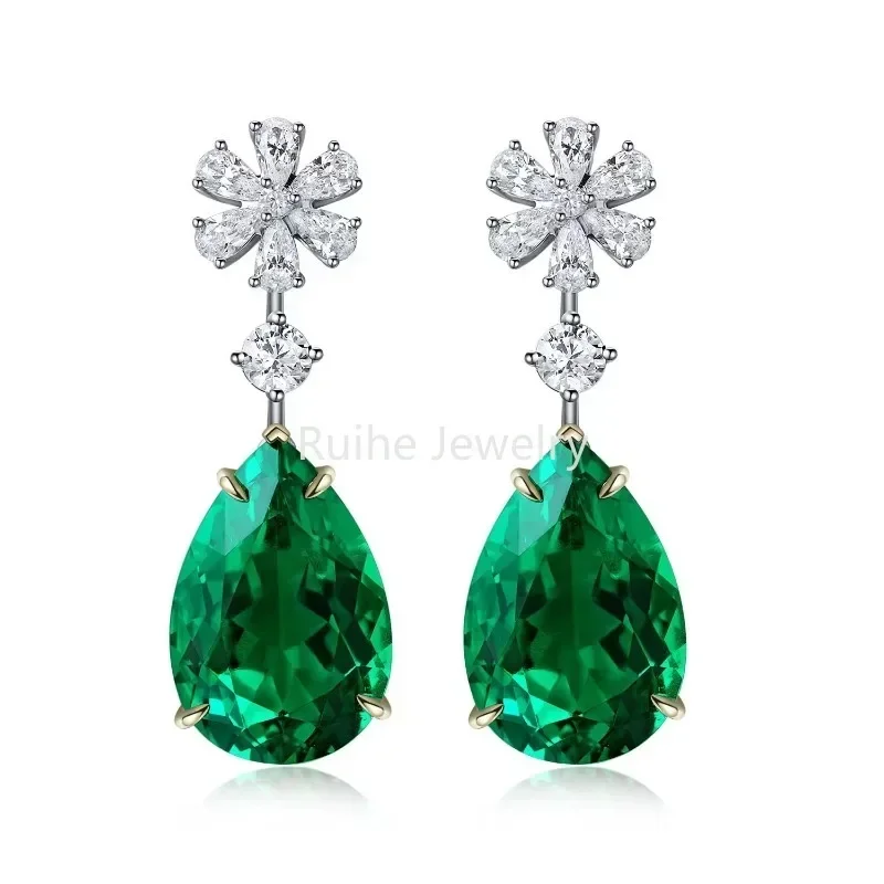 

Ruihe New Custom 9k Gold A Pair of Pear Shape 10.98 Carat Lab Grown Emerald Gemstone Earrings Women Jewelry Ladies Party Gift