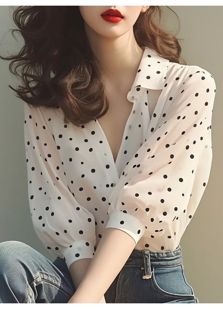 Chiffon Vintage Women's Shirt Summer Printed Women Blouses Loose Short Sleeves Fashion Top Polka Dots Clothing 2024 Korean