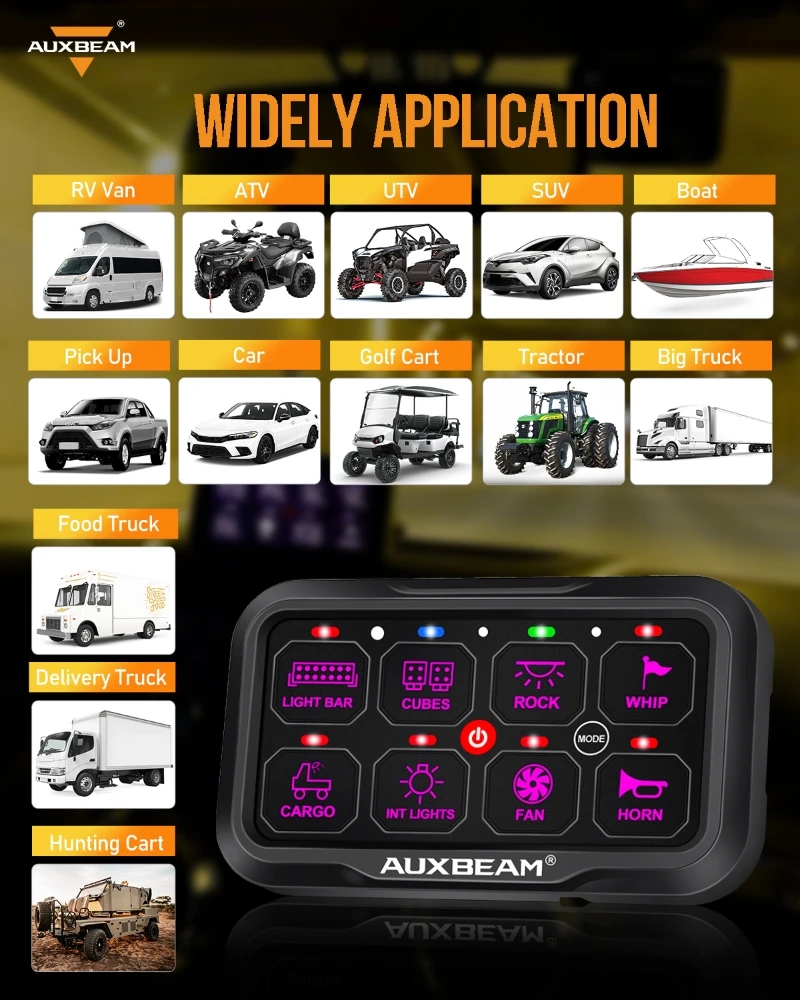 AUXBEAM 8 ギャング RGB LED オンオフスイッチパネル Bluetooth APP
