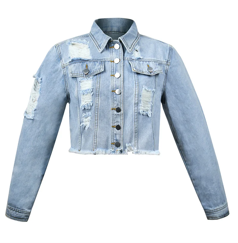Fashion Broken Holes Short Denim Jacket Female Casual Outerwear Women's Lapel Long Sleeve Button Splicing Coat Trend Streetwear