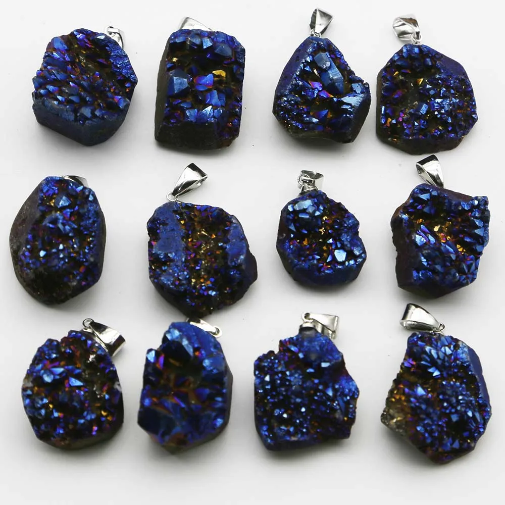 Natural Raw Ore Stone Electroplated Blue Colorful Irregular Crystal Cluster Pendant Necklace Jewelry Accessories Wholesale 12Pcs