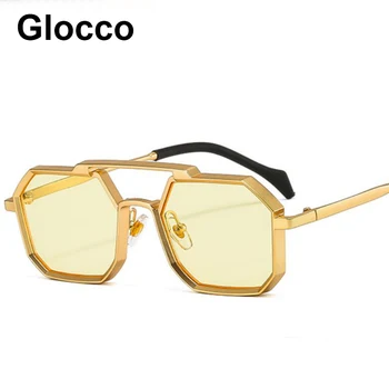 2022 Vintage Double Bridges Women Sunglasses Fashion Brand Yellow Lens Eyewear Men Metal Frame Polygon Punk