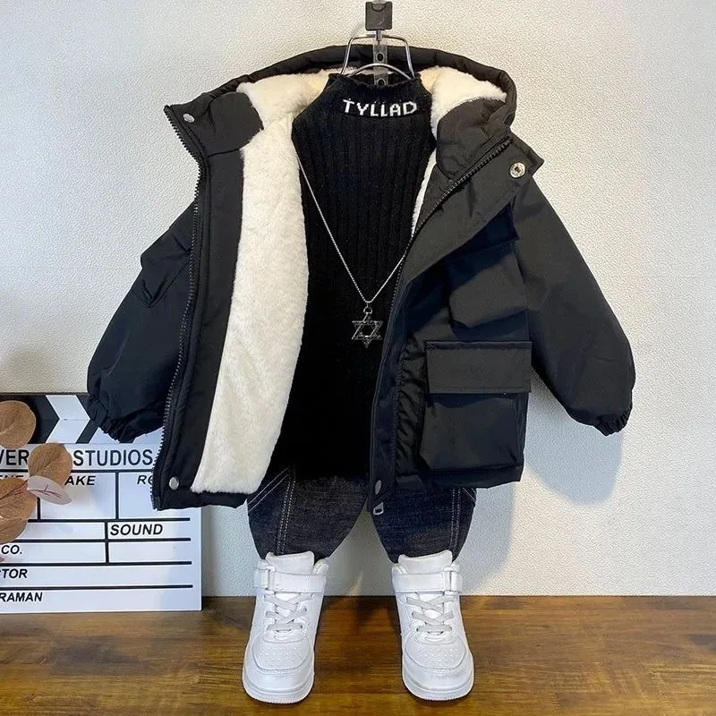 

Winter Kids Solid Fleece Hooded Jackets for Boys Thicken Coats 2+y Young Children Clothing Autumn Warm Girls Casual Outerwear