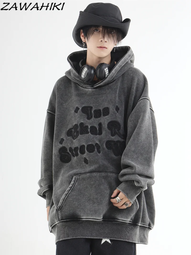 

American Retro Fashion Lovers Letter Embroidery Washed Do Old Hoodies Women Long Sleeve Casual Loose Pullovers Teens Sweatshirt